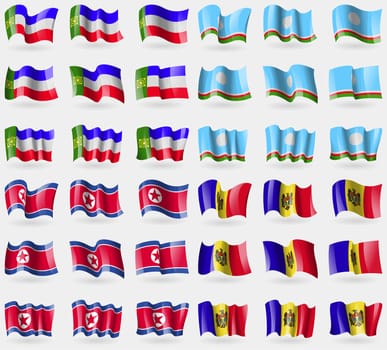 Khakassia, Sakha Republic, Korea North, Moldova. Set of 36 flags of the countries of the world. illustration