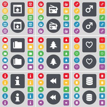 Window, Radio, Mars symbol, Folder, Firtree, Heart, Information, Rewind, Database icon symbol. A large set of flat, colored buttons for your design. illustration