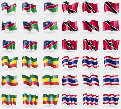 Namibia, Trinidad and Tobago, Ethiopia, Thailand. Set of 36 flags of the countries of the world. illustration