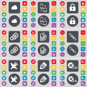 Cloud, Connection, Lock, Clip, MP3 player, Link, Fork and knife, Pencil, DVD icon symbol. A large set of flat, colored buttons for your design. illustration