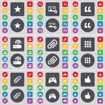 Star, Picture, Quotation mark, Router, Clip, Apps, Gamepad, Like icon symbol. A large set of flat, colored buttons for your design. illustration