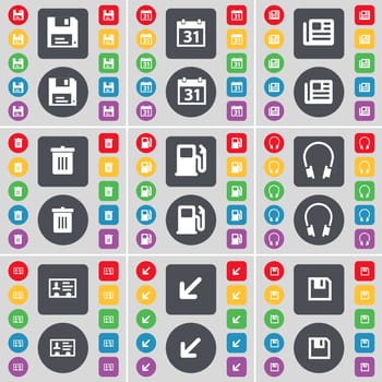 Floppy, Calendar, Newspaper, Trash can, Gas station, Headphones, Contact, Deploying screen, Floppy icon symbol. A large set of flat, colored buttons for your design. illustration