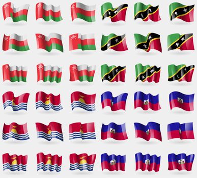 Oman, Saint Kitts and Nevis, Kiribati, Haiti. Set of 36 flags of the countries of the world. illustration