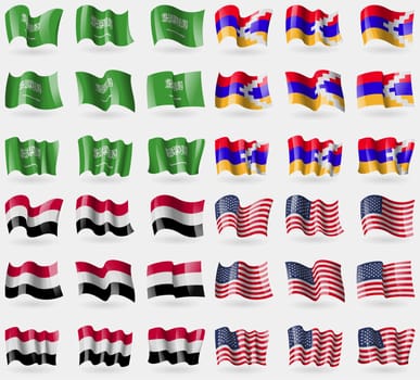 Saudi Arabia, Karabakh Republic, Yemen, USA. Set of 36 flags of the countries of the world. illustration