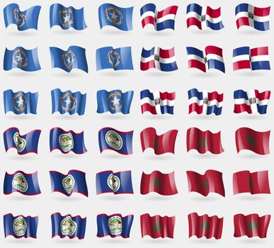 Marianna Islands, Dominican Republic, Belize, Morocco. Set of 36 flags of the countries of the world. illustration