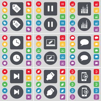 Tag, Pause, Graph, Clock, Laptop, Chat bubble, Media skip, USB, Smartphone icon symbol. A large set of flat, colored buttons for your design. illustration