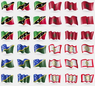 Saint Kitts and Nevis, Morocco, Solomon Islands, Sikkim. Set of 36 flags of the countries of the world. illustration