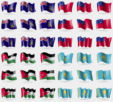 Georgia and Sandwich, Samoa, Jordan, Kazakhstan. Set of 36 flags of the countries of the world. illustration