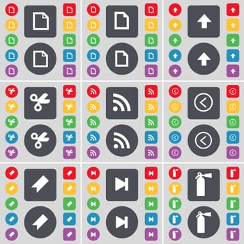 File, Arrow up, Scissors, RSS, Arrow left, Marker, Media skip, Fire extinguisher icon symbol. A large set of flat, colored buttons for your design. illustration
