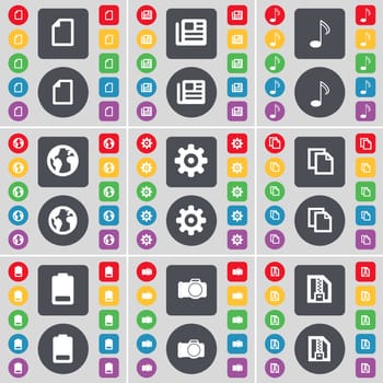 File, Newspaper, Note, Earth, Gear, Copy, Battery, Camera, ZIP card icon symbol. A large set of flat, colored buttons for your design. illustration