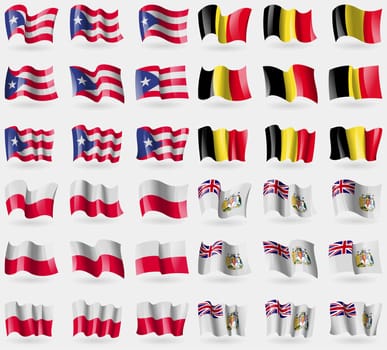 Puerto Rico, Belgium, Poland, British Antarctic Territory. Set of 36 flags of the countries of the world. illustration