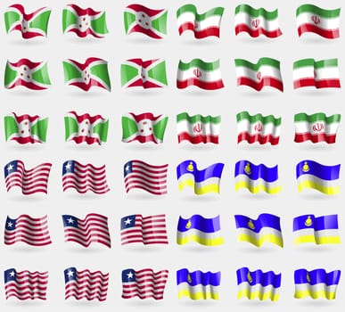 Burundi, Iran, Liberia, Buryatia. Set of 36 flags of the countries of the world. illustration