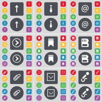 Arrow up, Tie, Mail, Arrow right, Marker, SIM card, Clip, Arrow down, Microphone icon symbol. A large set of flat, colored buttons for your design. illustration