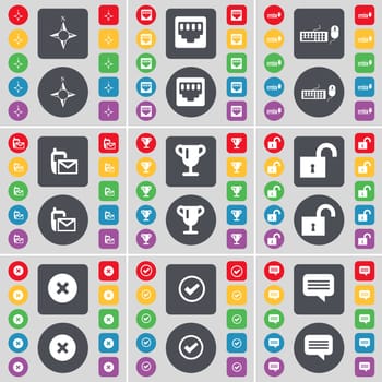 Compass, LAN socket, Keyboard, SMS, Cup, Lock, Stop, Tick, Chat bubble icon symbol. A large set of flat, colored buttons for your design. illustration