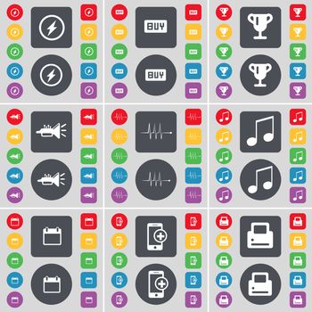 Flash, Buy, Cup, Trumped, Pulse, Note, Calendar, Smartphone, Printer icon symbol. A large set of flat, colored buttons for your design. illustration