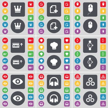Crown, File, Mouse, Cassette, Cooking hat, Wrist watch, Vision, Headphones, Gear icon symbol. A large set of flat, colored buttons for your design. illustration