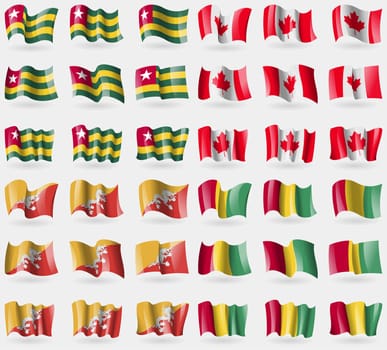 Togo, Canada, Bhutan, Guinea. Set of 36 flags of the countries of the world. illustration