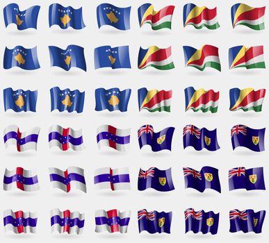 Kosovo, Seychelles, Netherlands Antilles, Turks and Caicos. Set of 36 flags of the countries of the world. illustration