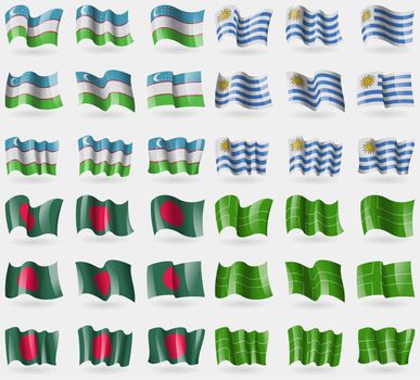 Uzbekistan, Uruguay, Bangladesh, Ladonia. Set of 36 flags of the countries of the world. illustration