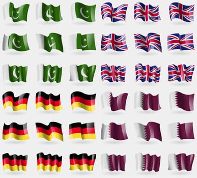 Pakistan, United Kingdom, Germany, Qatar. Set of 36 flags of the countries of the world. illustration