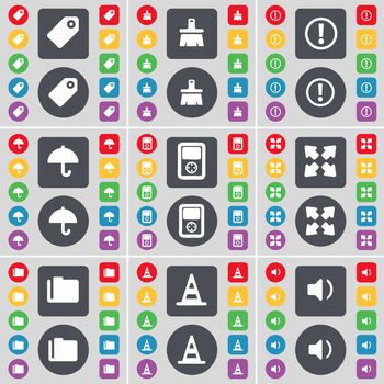 Tag, Brush, Warning, Umbrella, Player, Full screen, Folder, Cone, Sound icon symbol. A large set of flat, colored buttons for your design. illustration
