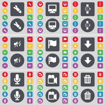 Rocket, Monitor, Wrist watch, Mute, Flag, Arrow down, Microphone, Film camera, Trash can icon symbol. A large set of flat, colored buttons for your design. illustration