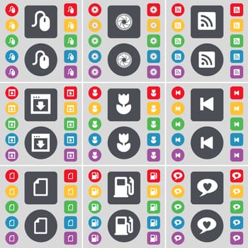Mouse, Lens, RSS, Window, Flower, Media skip, File, Gas station, Chat bubble icon symbol. A large set of flat, colored buttons for your design. illustration