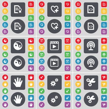 Text file, Heart, File, Yin-Yang, Media player, Wi-Fi, Hand, Gear, Scissors icon symbol. A large set of flat, colored buttons for your design. illustration