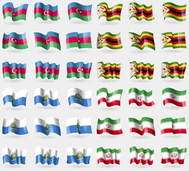 Azerbaijan, Zimbabwe, San Marino, Iran. Set of 36 flags of the countries of the world. illustration