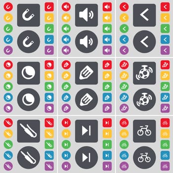 Magnet, Sound, Arrow left, Moon, Pencil, Speaker, Microphone connector, Media skip, Bicycle icon symbol. A large set of flat, colored buttons for your design. illustration