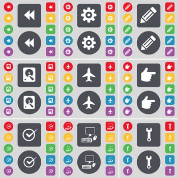 Rewind, Gear, Pencil, Hard drive, Airplane, Hand, Tick, PC, Wrench icon symbol. A large set of flat, colored buttons for your design. illustration