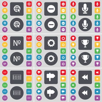 Web cursor, Minus, Microphone, Number, Gear, Cup, Equalizer, Signpost, Rewind icon symbol. A large set of flat, colored buttons for your design. illustration