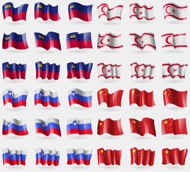 Liechtenstein, Turkish Northern Cyprus, Slovenia, China. Set of 36 flags of the countries of the world. illustration