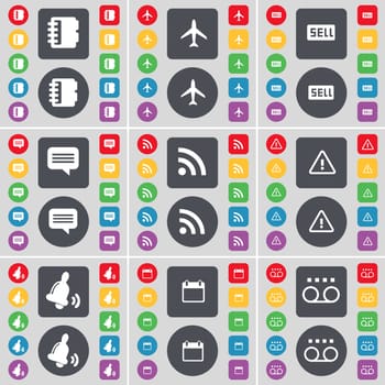 Notebook, Airplane, Sell, Chat bubble, RSS, Warning, Bell, Calendar, Cassette icon symbol. A large set of flat, colored buttons for your design. illustration