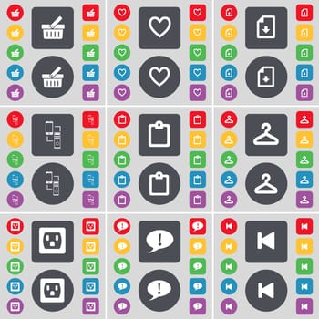 Basket, Heart, Download file, Connection, Survey, Hanger, Socket, Chat bubble, Media skip icon symbol. A large set of flat, colored buttons for your design. illustration