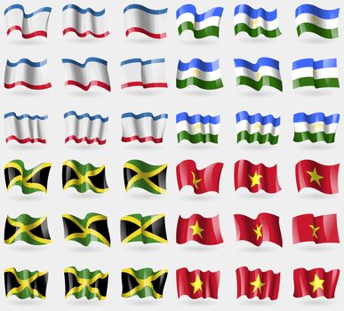 Crimea, Bashkortostan, Jamaica, Vietnam. Set of 36 flags of the countries of the world. illustration