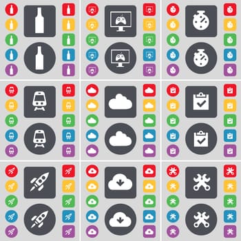Bottle, Monitor, Stopwatch, Train, Cloud, Survey, Rocket, Cloud, Wrench icon symbol. A large set of flat, colored buttons for your design. illustration