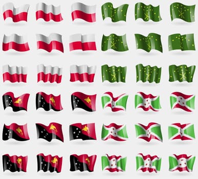 Poland, Adygea, Papua New Guinea, Burundi. Set of 36 flags of the countries of the world. illustration