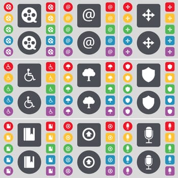 Videotape, Mail, Moving, Disabled person, Tree, Badge, Dictionary, Arrow up, Microphone icon symbol. A large set of flat, colored buttons for your design. illustration