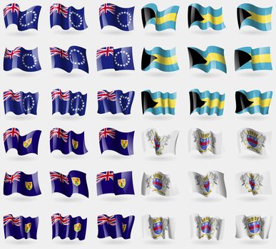 Cook Islands, Bahamas, Turks and Caicos, Saint Barthelemy. Set of 36 flags of the countries of the world. illustration