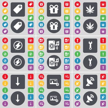 Tag, Gift, Marijuana, Flash, Speaker, Wrench, Arrow down, Picture, Satellite dish icon symbol. A large set of flat, colored buttons for your design. illustration