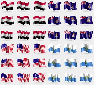 Yemen, Cayman Islands, Bikini Atoll, San Marino. Set of 36 flags of the countries of the world. illustration