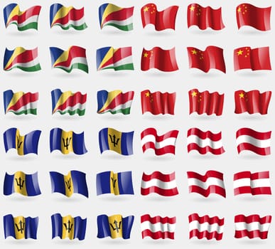 Seychelles, China, Barbados, Austria. Set of 36 flags of the countries of the world. illustration