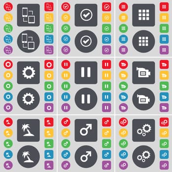 Connection, Tick, Apps, Gear, Pause, Film camera, Palm, Mars cursor, Gear icon symbol. A large set of flat, colored buttons for your design. illustration