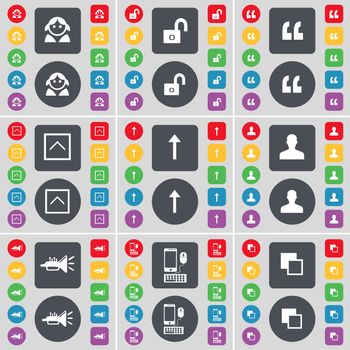 Avatar, Lock, Quotation mark, Arrow up, Silhouette, Trumped, Smartphone, Copy icon symbol. A large set of flat, colored buttons for your design. illustration