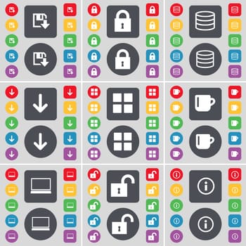 Floppy, Lock, Database, Arrow down, Apps, Cup, Laptop, Lock, Information icon symbol. A large set of flat, colored buttons for your design. illustration