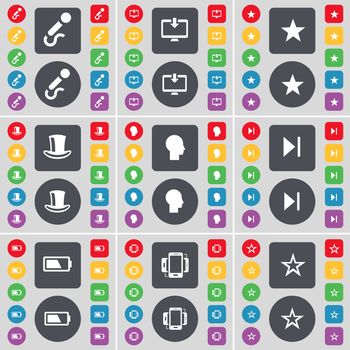 Microphone, Monitor, Star, Silk hat, Silhouette, Media skip, Battery, Smartphone, Star icon symbol. A large set of flat, colored buttons for your design. illustration