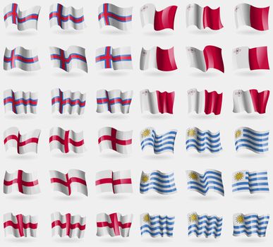 Faroe Islands, Malta, England, Uruguay. Set of 36 flags of the countries of the world. illustration