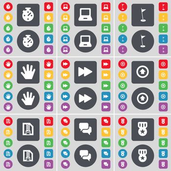 Stop, Laptop, Golf hole, Hand, Rewind, Arrow up, ZIP file, Chat, Medal icon symbol. A large set of flat, colored buttons for your design. illustration