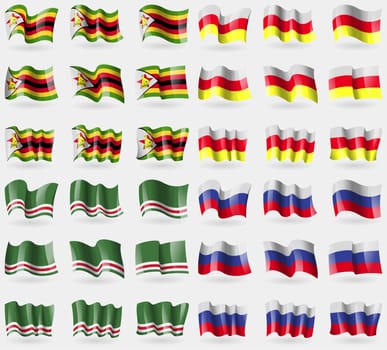 Zimbabwe, North Ossetia, Chechen Republic of Ichkeria, Russia. Set of 36 flags of the countries of the world. illustration